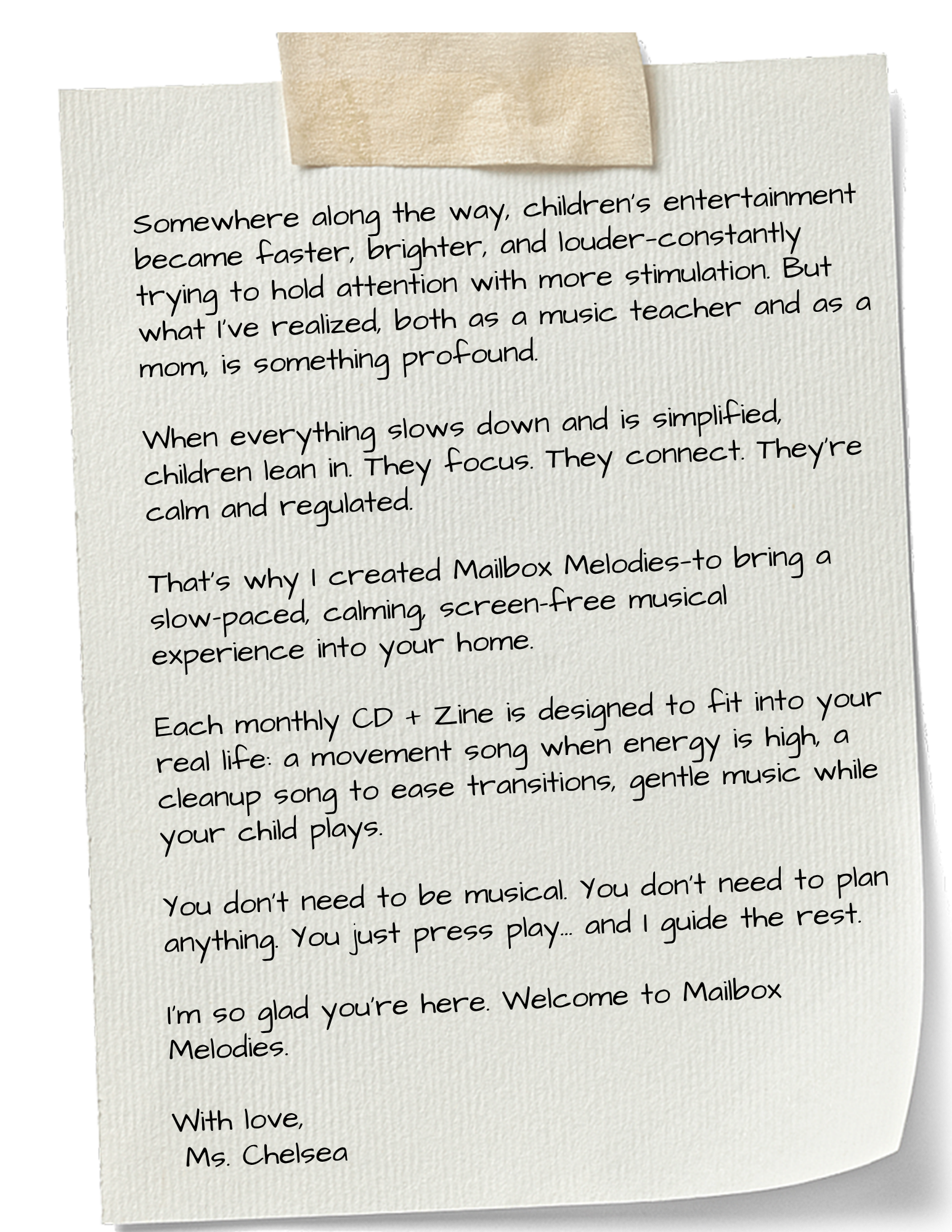 A letter from Ms. Chelsea about calm, screen-free music