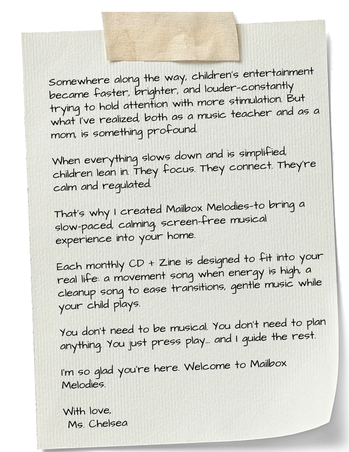 A letter from Ms. Chelsea about calm, screen-free music