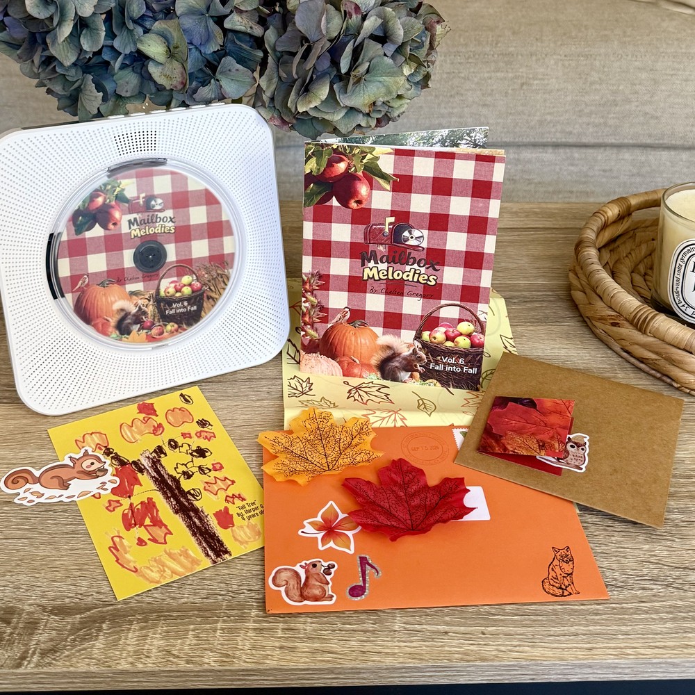 The fall Mailbox Melodies envelope with the free CD player, illustrated booklet and stickers