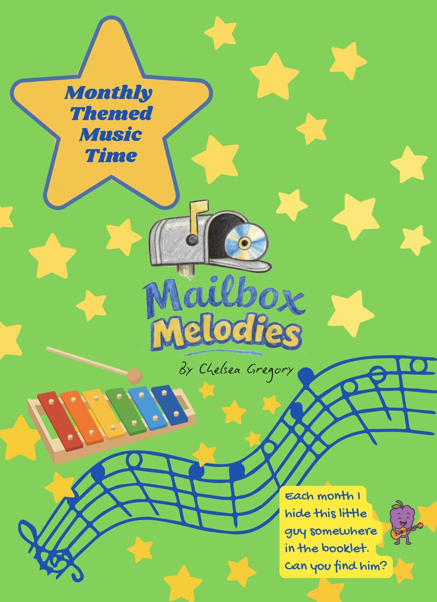 The Mailbox Melodies sample zine cover, a green booklet with stars, a mailbox and a xylophone