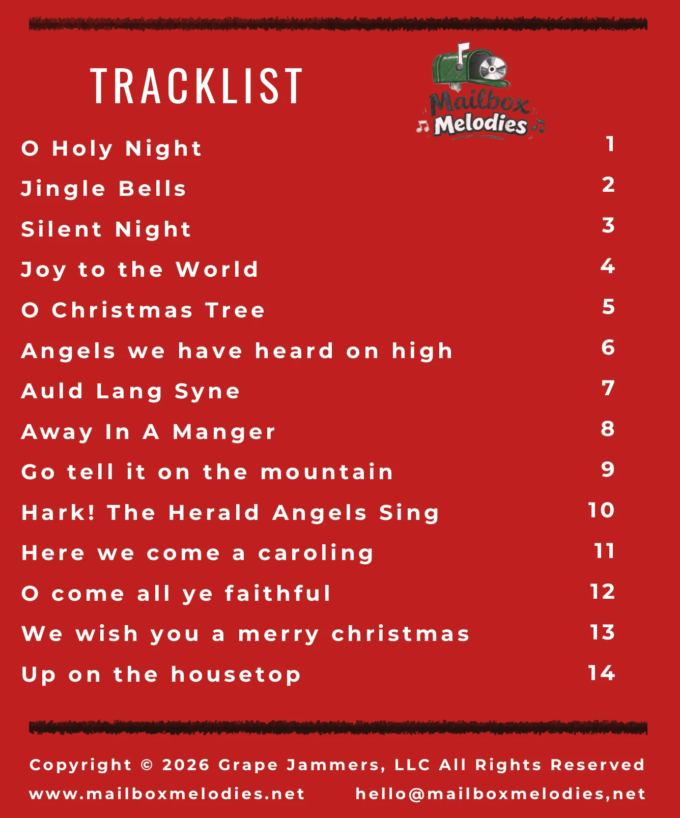 Tracklist card for A Very Merry Mailbox Melodies